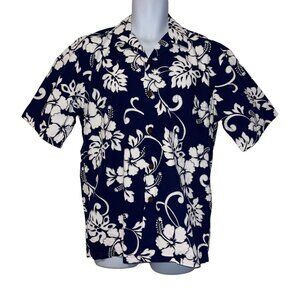 Retro Hilo Hattie Hawaiian Shirt Mens M Floral Plumeria Leaf Aloha Beach Blue